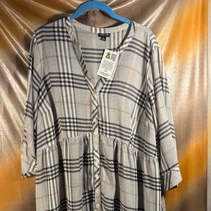 Torrid Black and White Plaid Button-Down high low sheer blouse 3x Box T‎